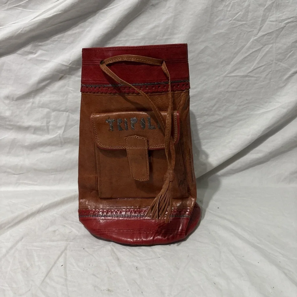 Vintage Cyprus Tourist Leather Drawstring Wrist Bag Handbag Wristlet Purse Tote‎